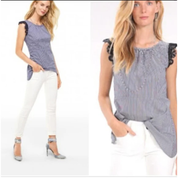 Cabi Lace Flutter Top Women's Size XS Blue & White Seersucker Striped Style 5727 - Picture 1 of 7